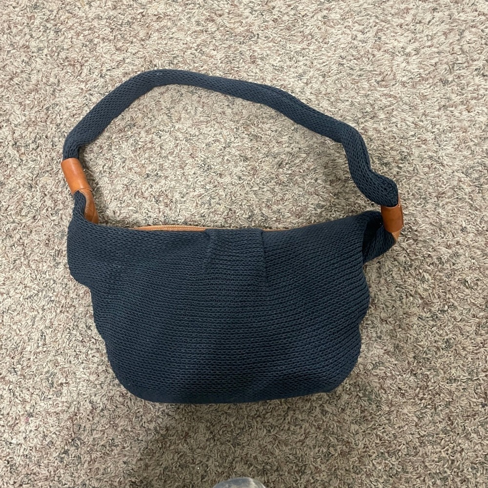 Navy‎ Crochet Knit Hobo Bag Leather Trim Made in Italy Boho Fisherman Knit